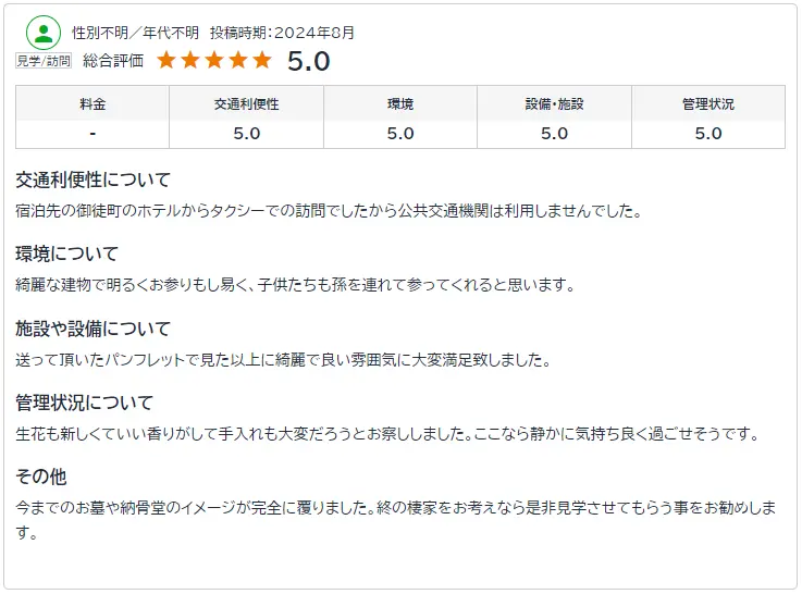 立地も駅から近くていい納骨堂です。設備も最新で充実してます。価格もリーズナブルな設定と思います。