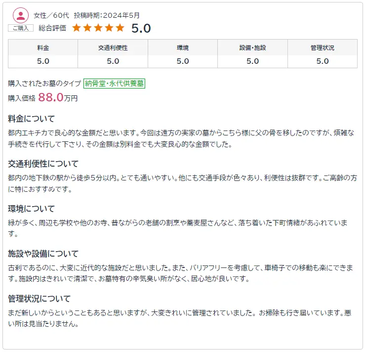 手ぶらで行けて本当に楽です。お花も毎回綺麗な生花がお供えしていただいていて、助かります。